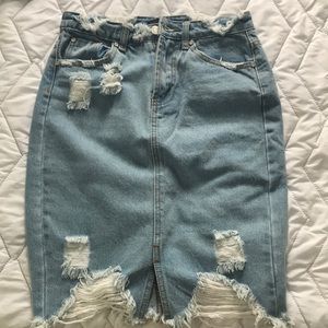 Distressed Midi Denim Skirt
